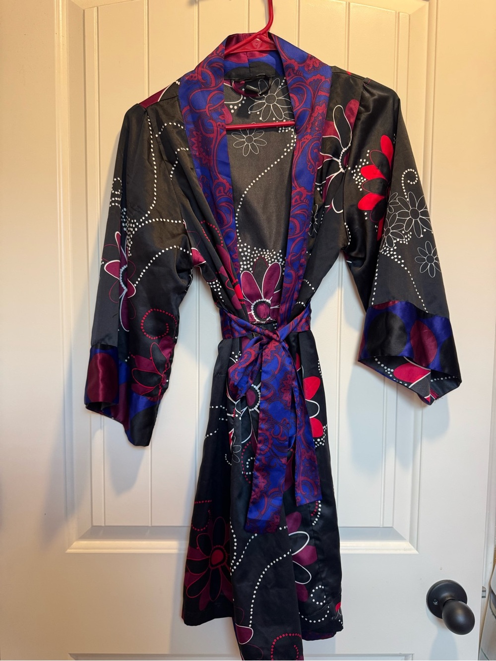 H&M Black Satin Floral Kimono Robe with Magenta and Blue Trim